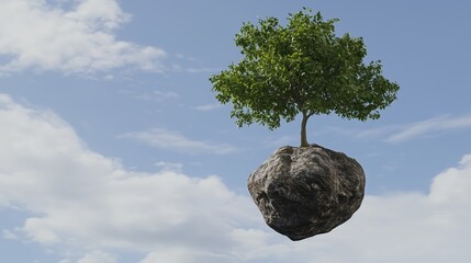 A simple tree growing from a floating rock highly detailed with sharp focus - generated AI