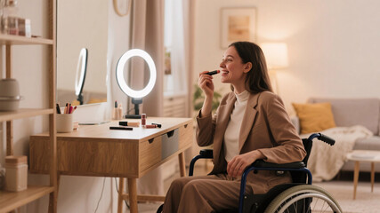 Empowered disabled woman in wheelchair performing daily makeup routine with grace and confidence