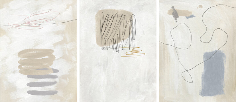 Modern set of abstract neutral backgrounds with hand-drawn lines and geometric shapes, painted in white, beige, gray, and pastel tones. Perfect for minimal interior, posters, creative design projects