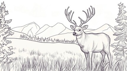 A line-art deer standing in a misty field highly detailed with sharp focus generated AI