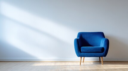 Cozy blue armchair positioned against a minimalist wall, showcasing natural light streaming in, creating a serene and inviting atmosphere