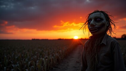 Fototapeta premium Scary figure in mask standing in field at dramatic sunset for Halloween