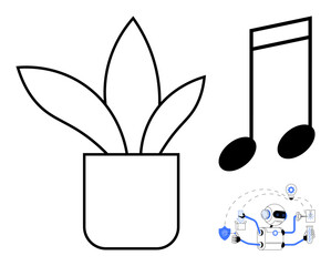 Potted plant, musical note, and robot manipulating documents represent harmony between nature, technology, and creativity. Ideal for sustainability, AI innovation, productivity, music