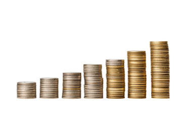 Coin stacks in ascending order  isolated on white background