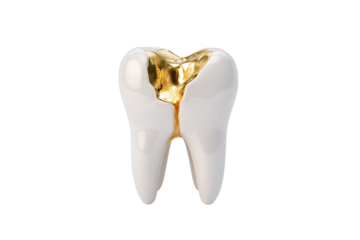beautiful tooth with gold filling  isolated on white background