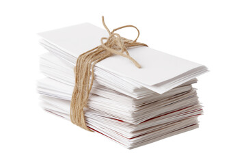 bundle of blank envelopes tied with twine  isolated on white background