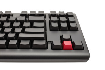 Black computer keyboard with single red key  isolated on white background