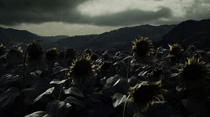 A field of dead sunflowers under a stormy sky highly detailed with sharp focus - generated AI
