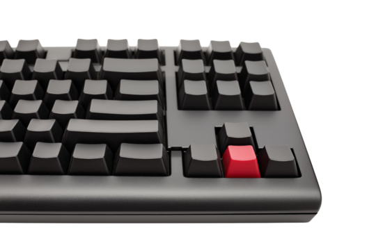 Black computer keyboard with single red key  isolated on white background