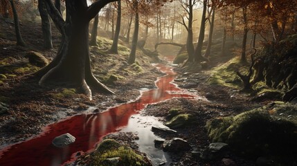 A blood-red river winding through a haunted forest highly detailed with sharp focus generated AI