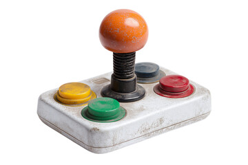 Vintage gaming joystick with colorful buttons and retro design  isolated on white background