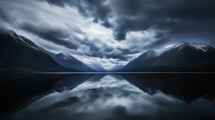 A dark lake reflecting a sky full of swirling storms highly detailed with sharp focus - generated AI