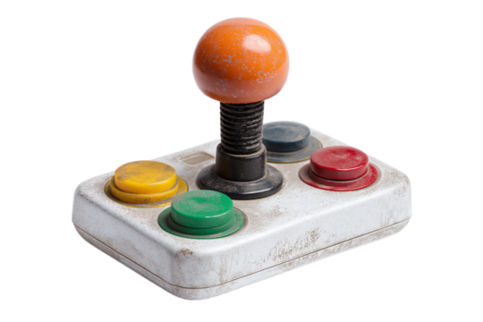 Vintage gaming joystick with colorful buttons and retro design  isolated on white background