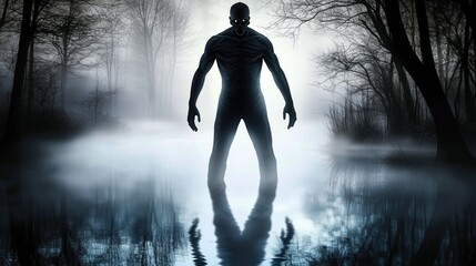 A shadowy figure standing in a fog-covered swamp highly detailed with sharp focus generated AI