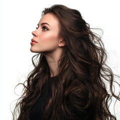 Naklejka premium Stunning brunette with long, flowing hair. Perfect for beauty, haircare, and fashion. Ideal for websites, magazines, and advertisements.