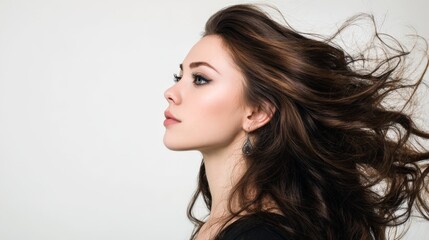 Fototapeta premium Elegant woman portrait. Long brown hair, beauty, fashion. Ideal for beauty, fashion, and hair care advertising.