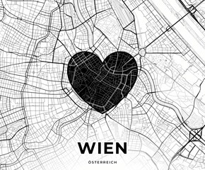 Vienna, Austria, black and white map template with a black heart symbol