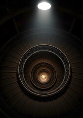 Fototapeta premium Spiral staircase in low light with a light source in the center.