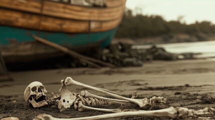 A shipwreck with skeletal remains on the shore highly detailed with sharp focus - generated AI