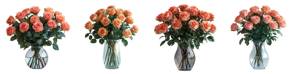 Red roses in an elegant glass vase PNG image on a transparent background