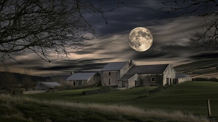 A full moon casting eerie light on a haunted village highly detailed with sharp focus - generated AI