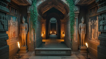 Fototapeta premium Ancient Temple Corridor with Statues and Murals Lit by Torches