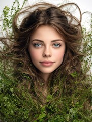 Naklejka premium Serene woman portrait, long brown hair, green plants. Perfect for beauty, haircare, and wellness advertising.