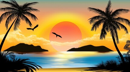 80s gradient sun setting behind tropical islands highly detailed with sharp focus - generated AI