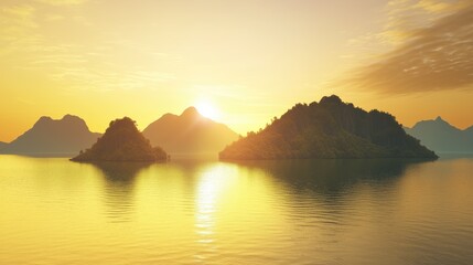 80s gradient sun setting behind tropical islands highly detailed with sharp focus - generated AI