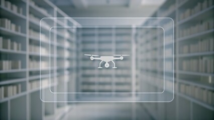 A drone icon appears on a digital interface overlaying shelves in a modern, blurred storage or archive space.