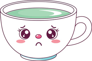 A sad pink teacup with green liquid and cartoon eyes on a white background