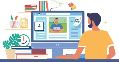 Naklejka premium Man Working from Home on Computer with Video Call and Bookshelves