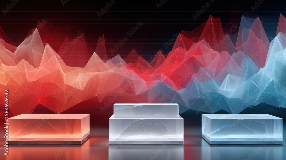Wall mural three illuminated podiums against vibrant data visualization background in red and blue tones