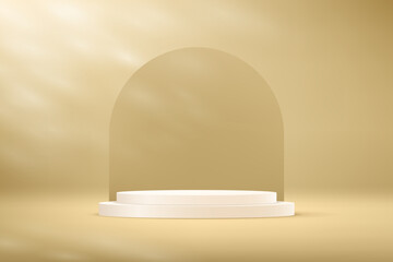 Empty Beige studio room with shadow leaves with white podium background space for selling products, backdrop, wallpaper, background, text. Vector illustration.