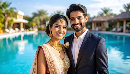Indian young couple in traditional wedding attire pose lovingly in front of a grand swimming pool, capturing romance, cultural heritage, and the elegance of their special day