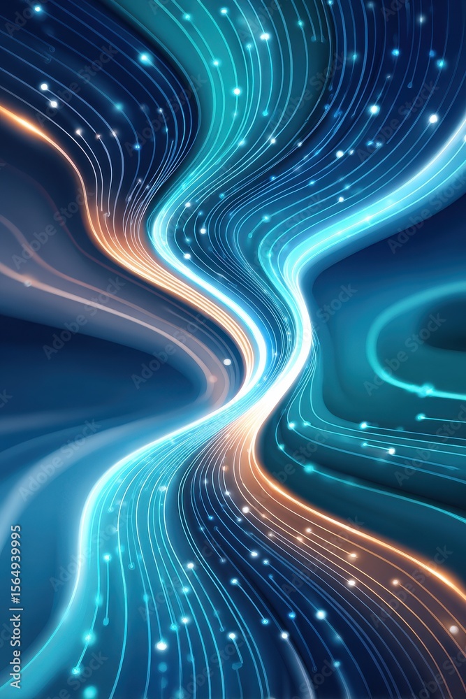 Poster dynamic digital technology background with flowing and glowing light patterns