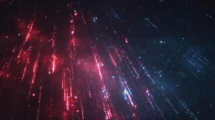 Celestial shower of stardust in a nebula like shooting stars bringing wonder and dreams to night sky in red and blue