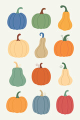 Set of pumpkins in different colours. Cute pumpkins drawn by hand. Cozy autumn set. Vector illustration