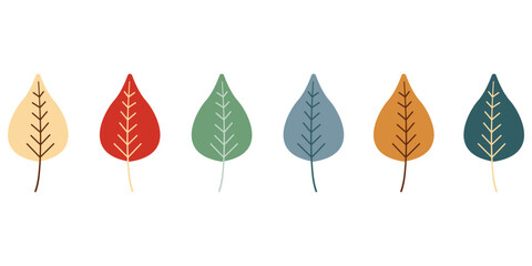Set of leaves in different colours. Cute leaves drawn by hand. Cosy autumn design. Vector illustration