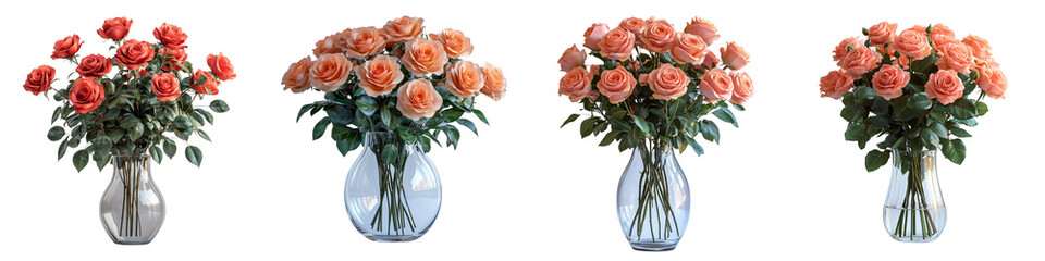 Bouquet of blooming roses in a clear glass vase isolated on a transparent background