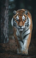 Fototapeta premium A tiger walks forward with amber eyes black stripes and white fur against a blurred dark background