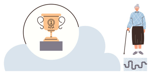 Elderly woman with cane stands near winding path and trophy symbolizing life journey, persistence, success. Ideal for resilience, aging, achievement, inspiration, determination, perseverance life