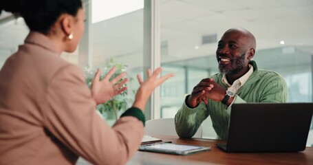 Business, people and talk for interview in office for questions, career skills and hiring process. Man, candidate and discussion with laptop for information, recruitment feedback and onboarding offer