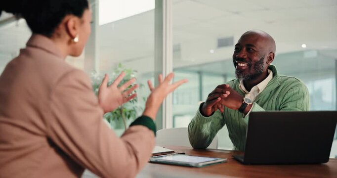 Business, people and talk for interview in office for questions, career skills and hiring process. Man, candidate and discussion with laptop for information, recruitment feedback and onboarding offer