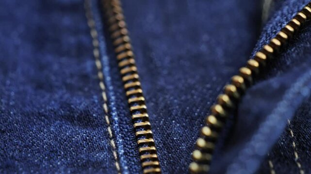 Zipper on jeans close up footage. Close up of blue textile jeans texture. Cotton casual clothes. Denim jeans. High quality 4k footage