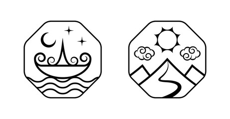 Sun and Moon Landscape. Mountain and Sea Illustrations