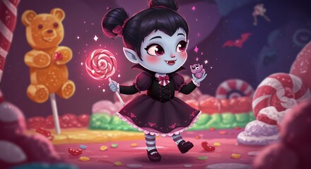 Fototapeta premium Cartoon Vampire Girl with Candy
