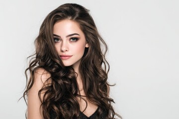 Fototapeta premium Stunning brunette with long, curly hair. Perfect for beauty, fashion, and cosmetic advertising. Ideal for websites, magazines, and social media.