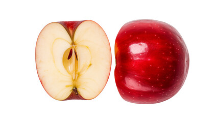 Fresh red apple, sliced open to reveal its core and seeds, against a transparent background.