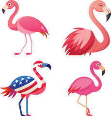 A pink flamingo wades in a shallow pool of tropical fruits. Lush green palm trees line the background behind the flamingo and fruit. The flamingo is a type of greater flamingo.
